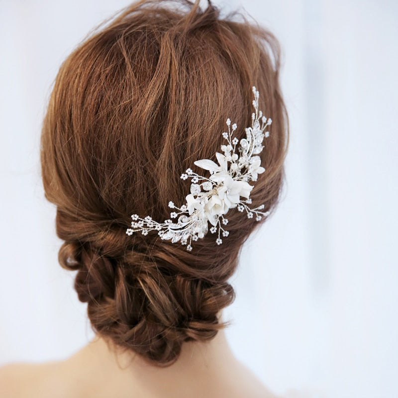 Bridesmaids Silver Clear Crystal Rhinestones Pearls Flower Jeweled Hairpiece