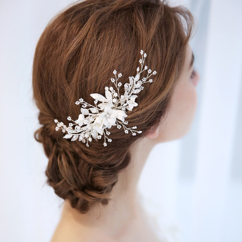 Bridesmaids Silver Clear Crystal Rhinestones Pearls Flower Jeweled Hairpiece