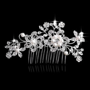 Flower Diamante Silver Plated Crystal Pearl Hair Comb