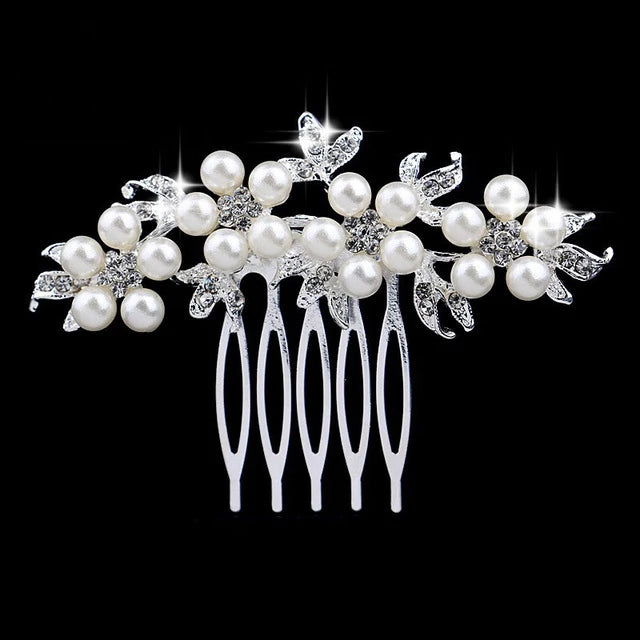 Flower Diamante Silver Plated Crystal Pearl Hair Comb