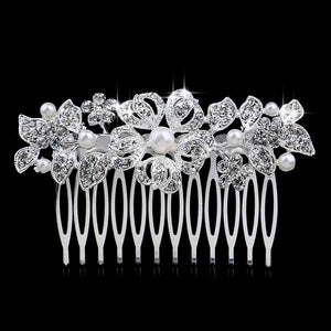 Flower Diamante Silver Plated Crystal Pearl Hair Comb