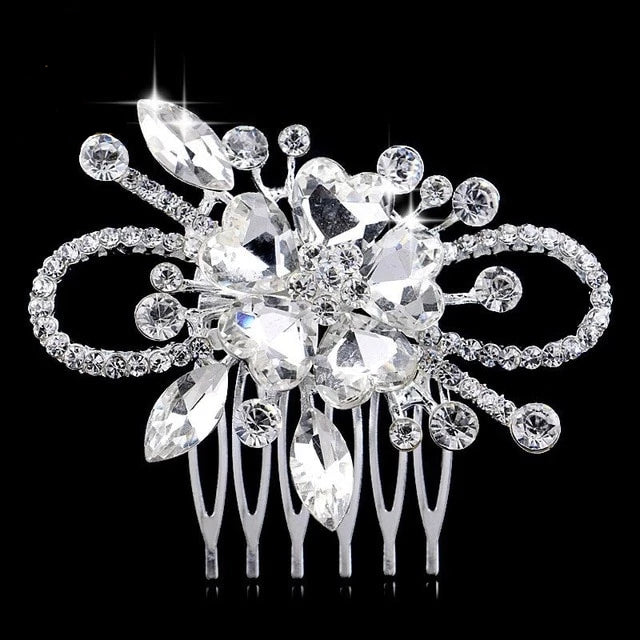 Flower Diamante Silver Plated Crystal Pearl Hair Comb