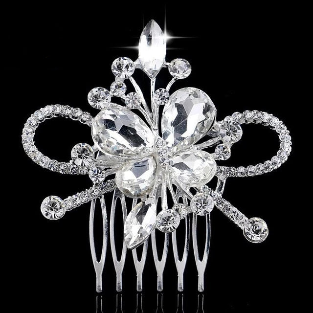 Flower Diamante Silver Plated Crystal Pearl Hair Comb