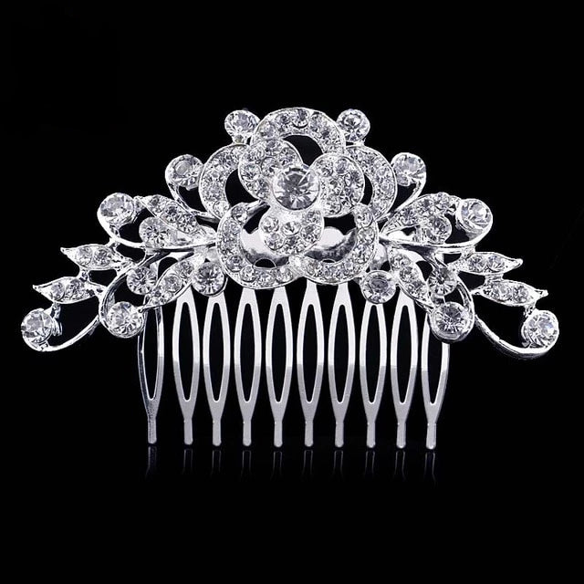 Flower Diamante Silver Plated Crystal Pearl Hair Comb