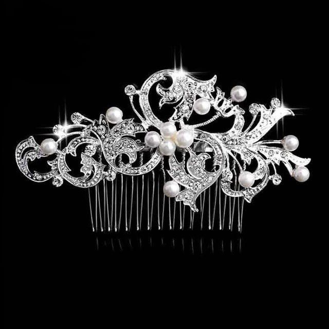 Flower Diamante Silver Plated Crystal Pearl Hair Comb