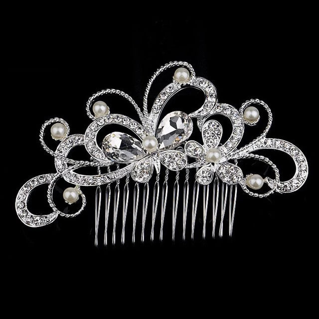 Flower Diamante Silver Plated Crystal Pearl Hair Comb