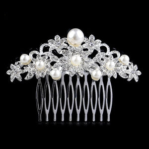 Flower Diamante Silver Plated Crystal Pearl Hair Comb