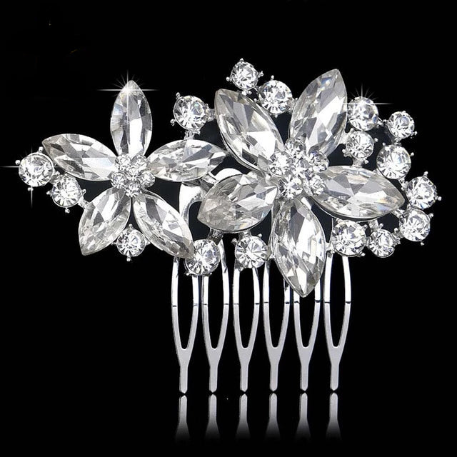 Flower Diamante Silver Plated Crystal Pearl Hair Comb